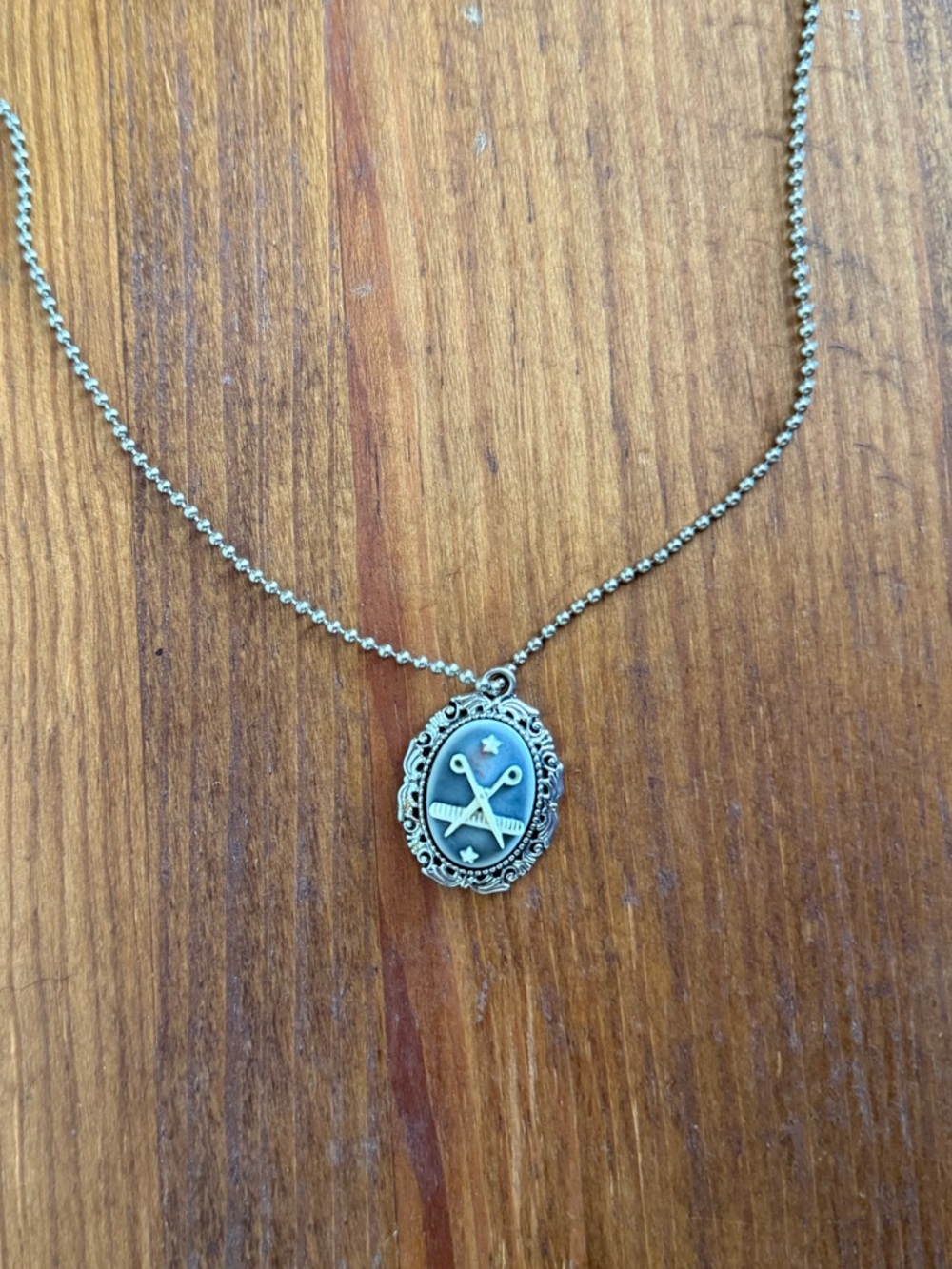 Silver Scissors & Comb Pendant, w/ Blue Enamel